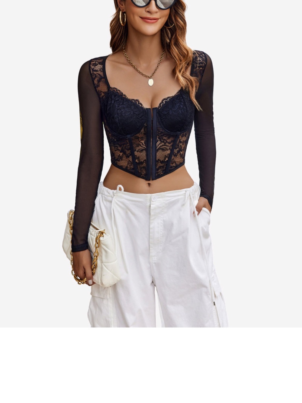 Black Lace Bustier Camisole with Sheer Long Sleeves
